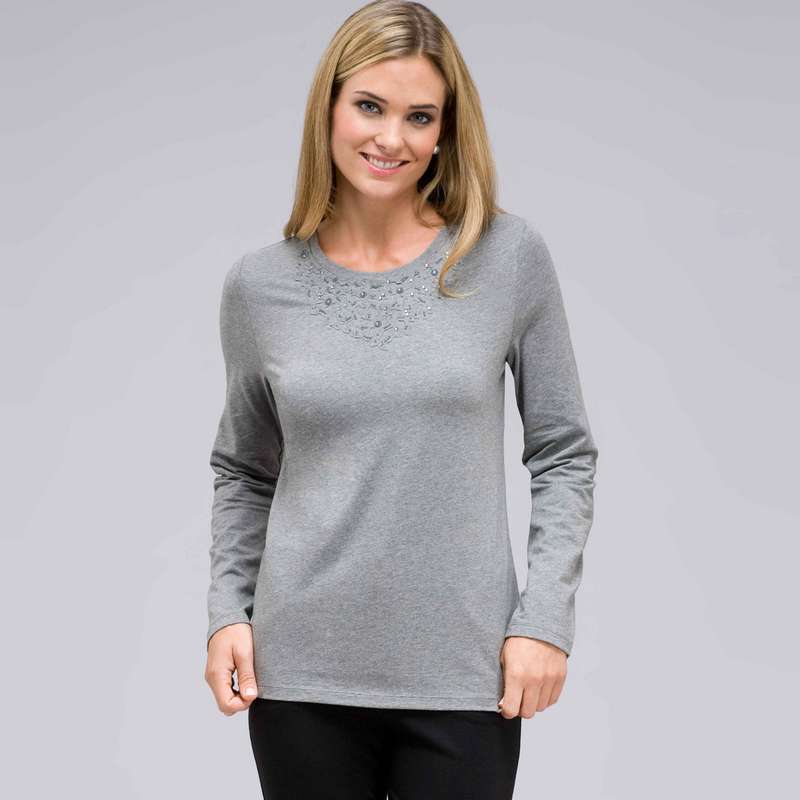 Long Sleeve Appliqued Crew Neck, Grey Heather, large image number 0